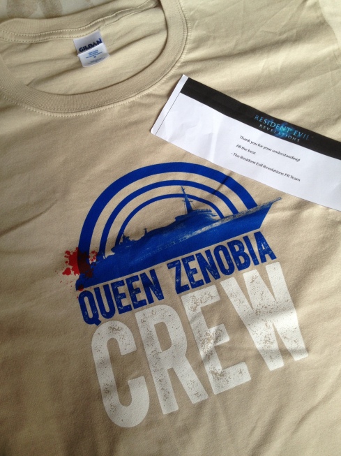 resident evil revelation blood swimming pool event capcom uk apologies free gift queen zenobia crew t-shirt